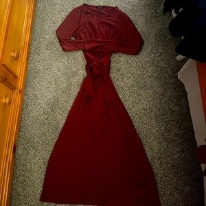 Red Tie Waist Long Sleeve Midi Dress